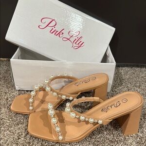Pink Lily Women's Tan Pearl Embellished Heels